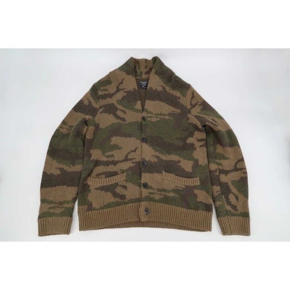 Abercrombie & Fitch Cardigan Mens Medium Green Camo Shawl Collar Cotton Sweater